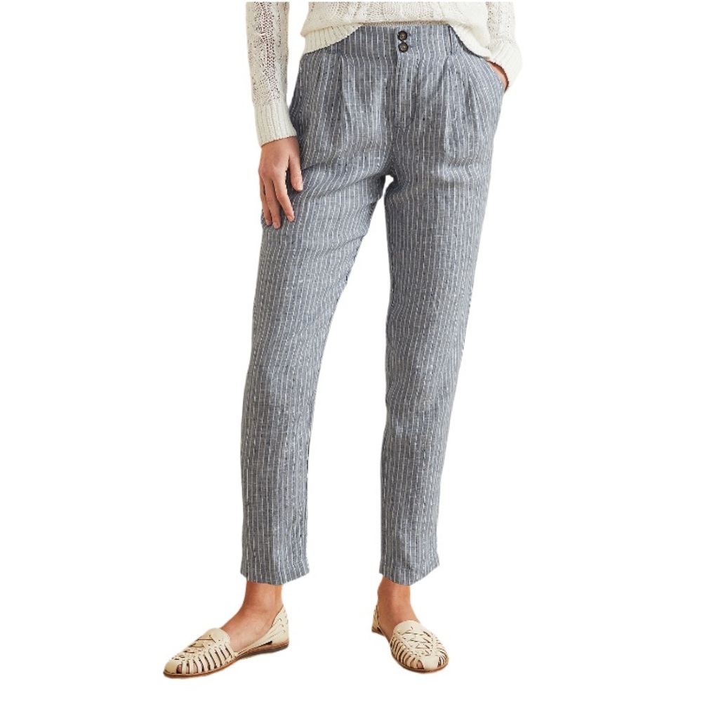 Garnet Hill Blue Stripe‎ Straight-Leg Linen Trousers Size 10 100% European Flax